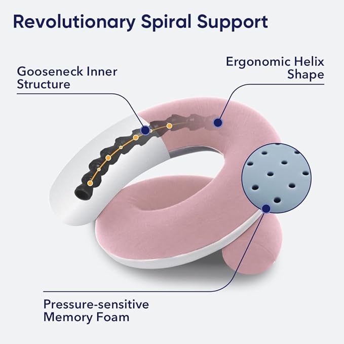 Vesta Loop Neck Pillow for Travel, Spiral Wrapping Design for Enhanced Chin & 360º Support, S-Shape Memory Foam Airplane Pillow for Flight, Office, and at Home (Heavenly Pink, S-Shape (Pack of 1))