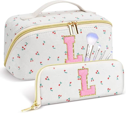 Personalized Travel Makeup Bag Set,Initial Travel Cute Cherry Makeup Organizer Bag,Toiletry Skincare Cosmetic Bag,Christmas Gifts for Women/Girls,Open Flat Toiletry Pouch with Brush Pocket-L