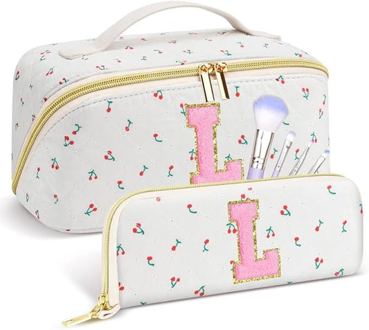 Personalized Travel Makeup Bag Set,Initial Travel Cute Cherry Makeup Organizer Bag,Toiletry Skincare Cosmetic Bag,Christmas Gifts for Women/Girls,Open Flat Toiletry Pouch with Brush Pocket-L