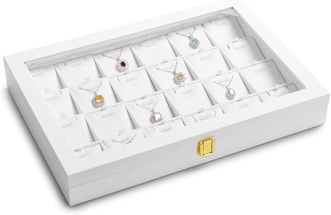Oirlv White Leather Jewelry Organizer Tray with Acrylic Lid Drawer Insert Jewelry Storage Box with 24 Removable Jewelry Cards Pendant Necklace Display Case Women Gift