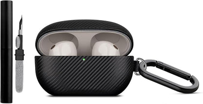 LOPIE Carbon Fiber Texture Case for Sony WF-1000XM5 with Cleaner Kit - Vegan Leather Cover for Earbuds WF 1000XM5 Charging Case - Protective Hard Cover with Keychain - Black
