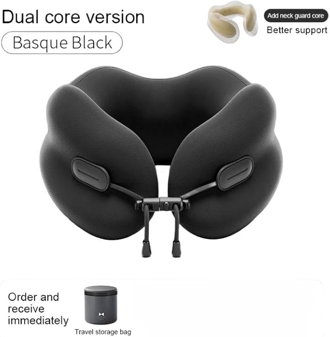 Ultra-Soft Travel Neck Pillow, Ergonomic Design with Contoured Shape, Breathable Fabric,Internal Structure，Travel Blanket Airplane Compact with Bag，Airplane Essentials (Basque Black)