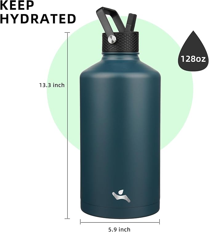 Gallon Insulated Water Bottle with Straw,128 oz 3 Lids Water Jug with Carrying Bag,Paracord Handle, Double Wall Vacuum Stainless Steel Metal Flask,Navy Blue