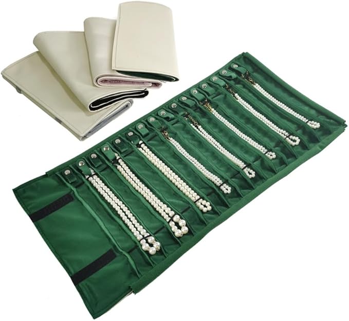 Portable Jewelry Roll Untangled Secure Necklace Travel Storage Bag Displays Holder 16 Chain (gray PU and green)