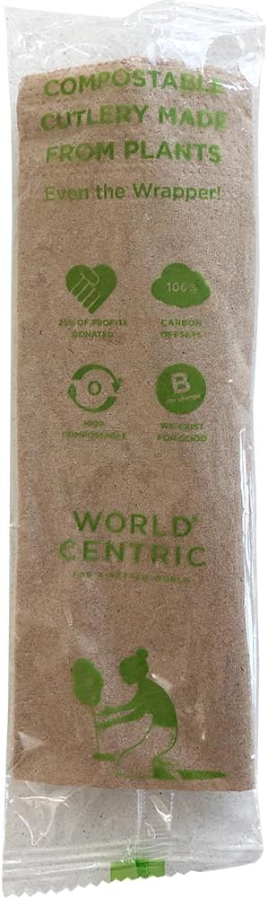 World Centric Compostable Cutlery with Napkin 6" - TPLA, Assorted and Wrapped - 250 Pack