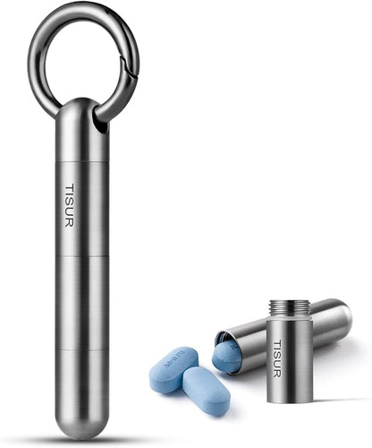 TISUR Small Keychain Pill Holder, Titanium Pill Case Waterproof Pill Fob for Travel Purse Pocket, Portable Pill Container Box Pill Organizer Tube