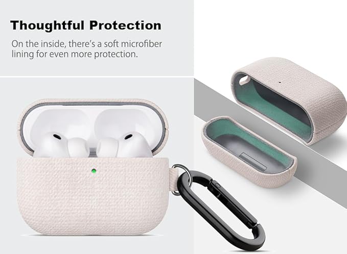 Handmade Case - for AirPods Pro 3 Case Cover with Clip - Selected Skin-Friendly Vegan Leather, Woolen Fabric Cloth Style, Shockproof Hard Cover for AirPods Pro 3rd Generation Earbuds - White