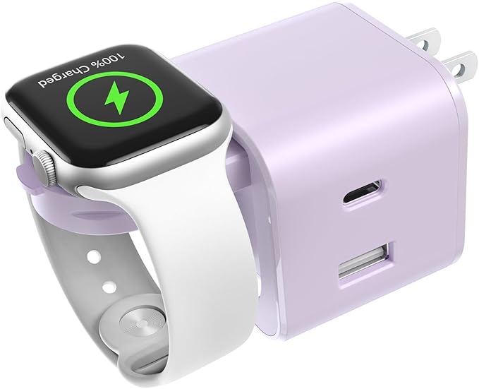36W for Apple Charging Block with Built-in Watch Charger, Foldable PD Fast Charger Block for iPhone, Dual Ports Wall Charger Compatible with Apple Watch iPhone AirPods(Purple)
