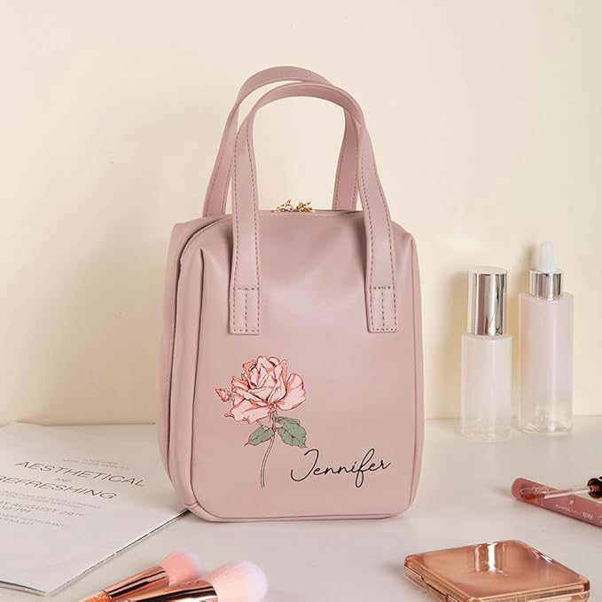 callie Personalized Makeup Bag - Custom Birth Flower & Name, Leather Cosmetics Organizer Travel Bag with Double Zippers & Handle, Birthday Mother's Day Gift for Women