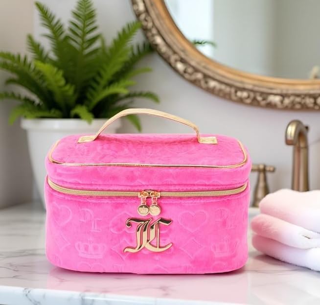 Juicy Couture Hot Pink Makeup Bag Cosmetics Organizer Travel Essentials Train Case Velour Heart Crown