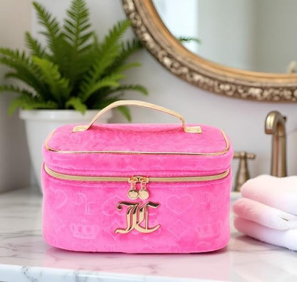 Juicy Couture Hot Pink Makeup Bag Cosmetics Organizer Travel Essentials Train Case Velour Heart Crown