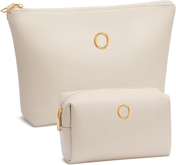 Women Gifts | Initial Makeup Bag Set for Girl Personalized Gifts for Bridesmaid Friend Graduation Teachers PU Leather Cosmetic Travel Toiletry Bag(Beige,O)