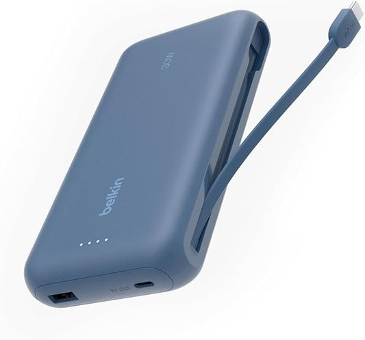 Belkin Portable Charger, Power Bank with Integrated Cable 20000 mAh 30W - Fast Charging USB C Power Delivery - iPhone 17, Air, Pro, Pro Max, iPad, AirPods, Apple Watch, Galaxy S25, & More - Blue