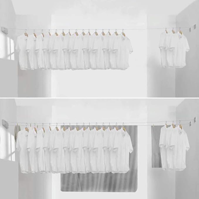 BESy Retractable Clothesline ABS case+Aluminum Dryer with Adjustable Stainless Steel Double Rope String Hotel Style Heavy Duty,Wall Mounted Method, 13.8 Feets,Silver