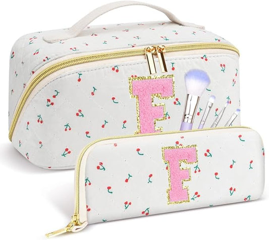 Personalized Travel Makeup Bag Set,Initial Travel Cute Cherry Makeup Organizer Bag,Toiletry Skincare Cosmetic Bag,Christmas Gifts for Women/Girls,Open Flat Toiletry Pouch with Brush Pocket-F