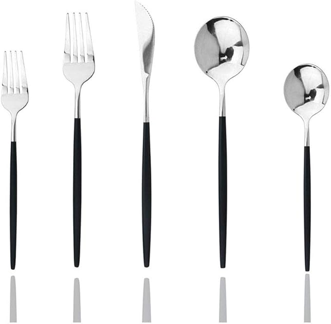 JASHII Black Silver Silverware Set, 20-Piece Stainless Steel Satin Finish Flatware, Kitchen Utensils, Mirror Polished Tableware Cutlery for Home and Restaurant, Dishwasher Safe