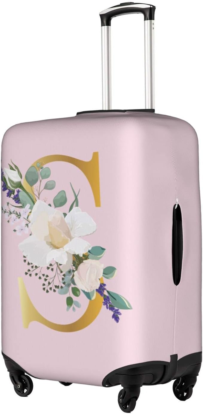 Flower Letter S Pink Luggage Cover Elastic Washable Stretch Suitcase Protector Anti-Scratch Travel Suitcase Cover for Kid and Adult L (25-28 inch suitcase)