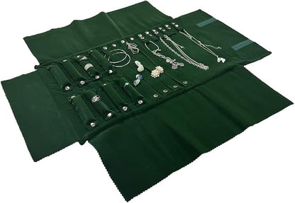 UnionPlus Velvet Jewelry Case Roll Bag for Necklace Bracelet Earrings Rings Multi-compartments, Great Jewelry Organizer for Travel, Blackish Green