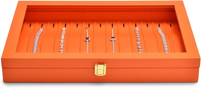 Oirlv Premium Leather Necklace Bracelet Organizer Tray with Acrylic Lid Jewelry Display Case Drawer Insert Jewelry Organizer for women