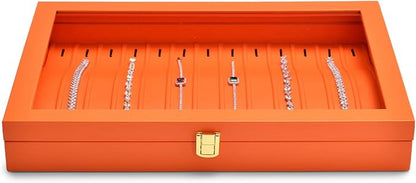 Oirlv Premium Leather Necklace Bracelet Organizer Tray with Acrylic Lid Jewelry Display Case Drawer Insert Jewelry Organizer for women