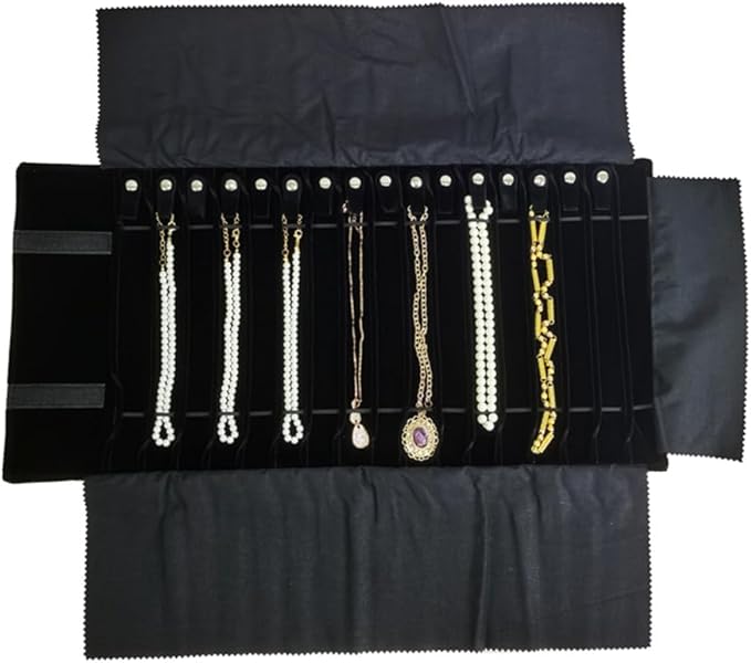Portable Jewelry Roll Untangled Secure Necklace Travel Storage Bag Displays Holder 16 Chain (Gray PU and Black Velvet)