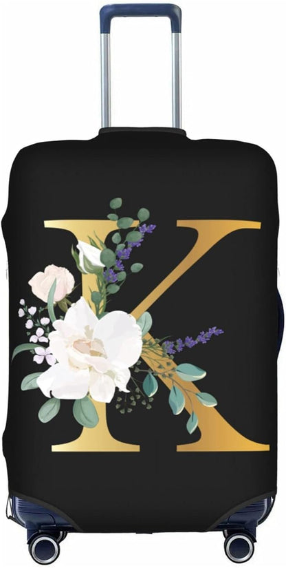 Flower Letter K Black Luggage Cover Elastic Washable Stretch Suitcase Protector Anti-Scratch Travel Suitcase Cover for Kid and Adult XL (29-32 inch suitcase)