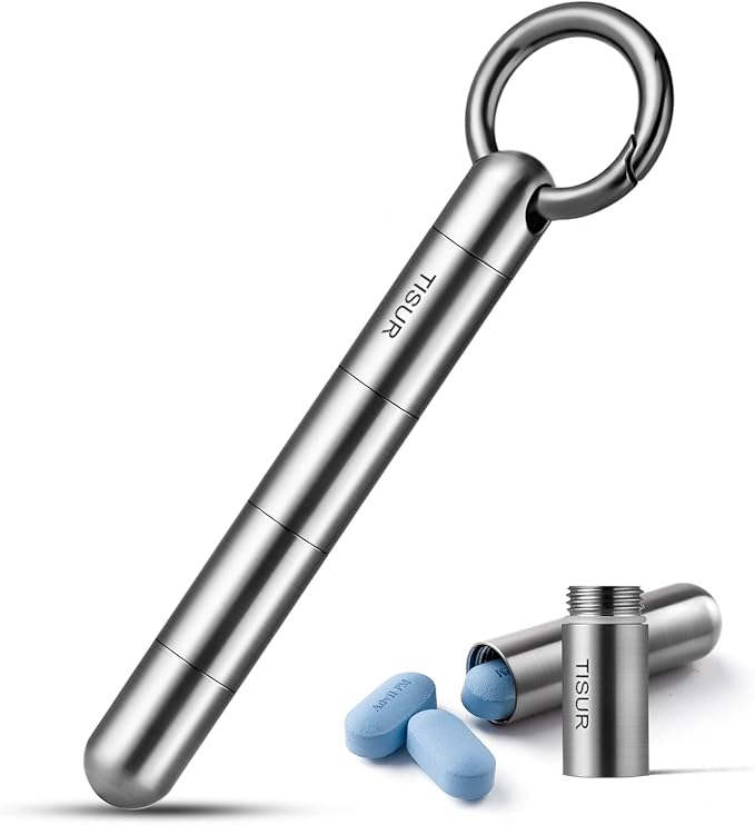 TISUR Large Keychain Pill Holder, Titanium Pill Case Waterproof Pill Fob for Travel Purse Pocket,Pill Organize