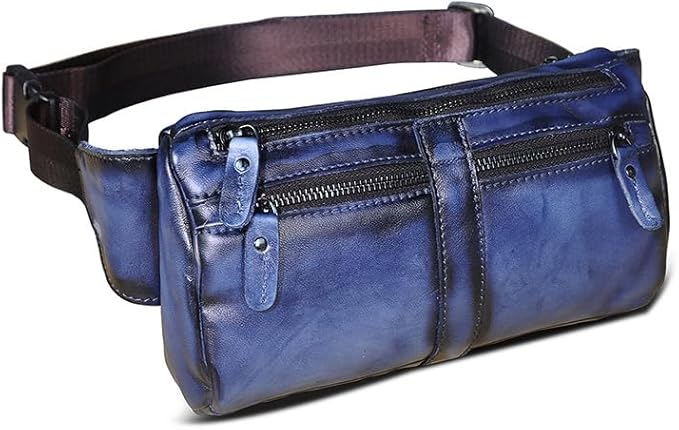 Outdoor Ready Water Resistant Leather Waist Pack for Men Hiking Riding Travel Fanny Bag with Phone Pocket Gifts for Men (Blue&Black)