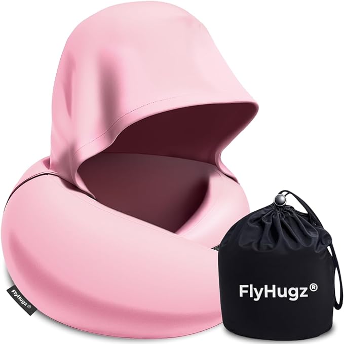 FlyHugz® 2.0 Hooded Travel Pillow – 2025 Original Release – Memory Foam Neck Pillow with Adjustable Hood & Premium Elastic Washable Cover – First Class Comfort for Flights, Road Trips & Sleep- Pink