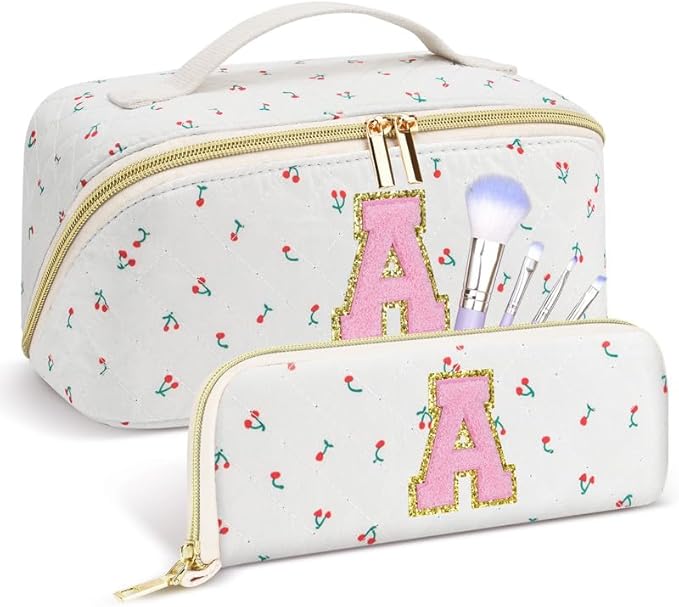 Personalized Travel Makeup Bag Set,Initial Travel Cute Cherry Makeup Organizer Bag,Toiletry Skincare Cosmetic Bag,Christmas Gifts for Women/Girls,Open Flat Toiletry Pouch with Brush Pocket-A