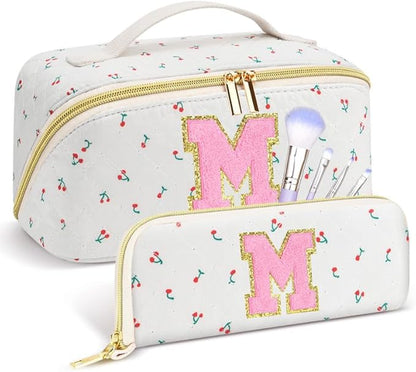 Personalized Travel Makeup Bag Set,Initial Travel Cute Cherry Makeup Organizer Bag,Toiletry Skincare Cosmetic Bag,Christmas Gifts for Women/Girls,Open Flat Toiletry Pouch with Brush Pocket-M