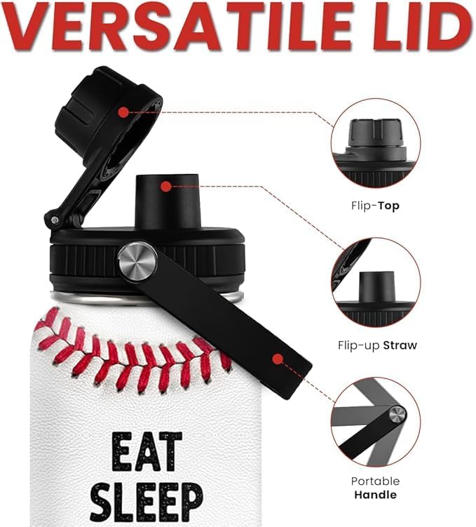 Baseball Water Bottle 32 Oz - Insulated Stainless Steel Sport Bottles with Lid - Baseball Gift for Men Players Fan Coach