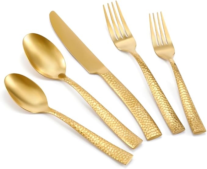 Gold Silverware Set Flatware Set Matte Finished Stainless Steel Hammered Heavy Cutlery Set 20 Pieces Service for 4