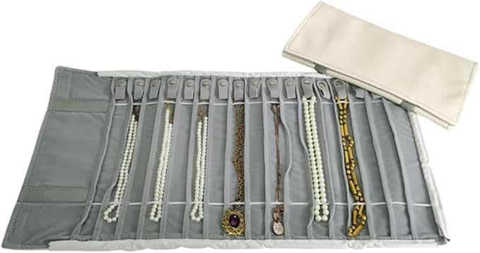 Portable Jewelry Roll Untangled Secure Necklace Travel Storage Bag Displays Holder 16 Chain (Gray PU and Gray Velvet)