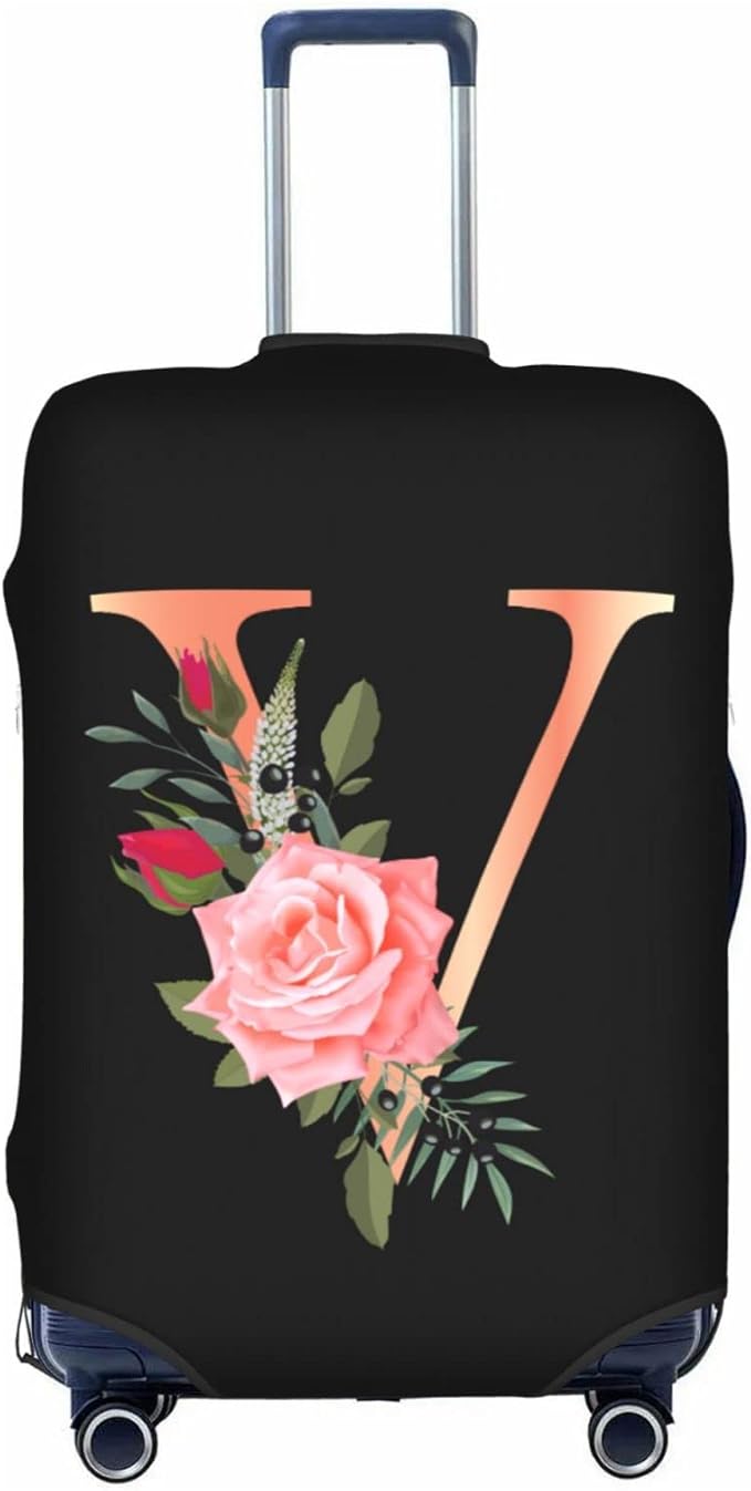 Floral Letter V Travel Luggage Cover Spandex Suitcase Protector Elastic Washable Stretch Suitcase Cover,Size M(Fit 22-24inch Suitcase)