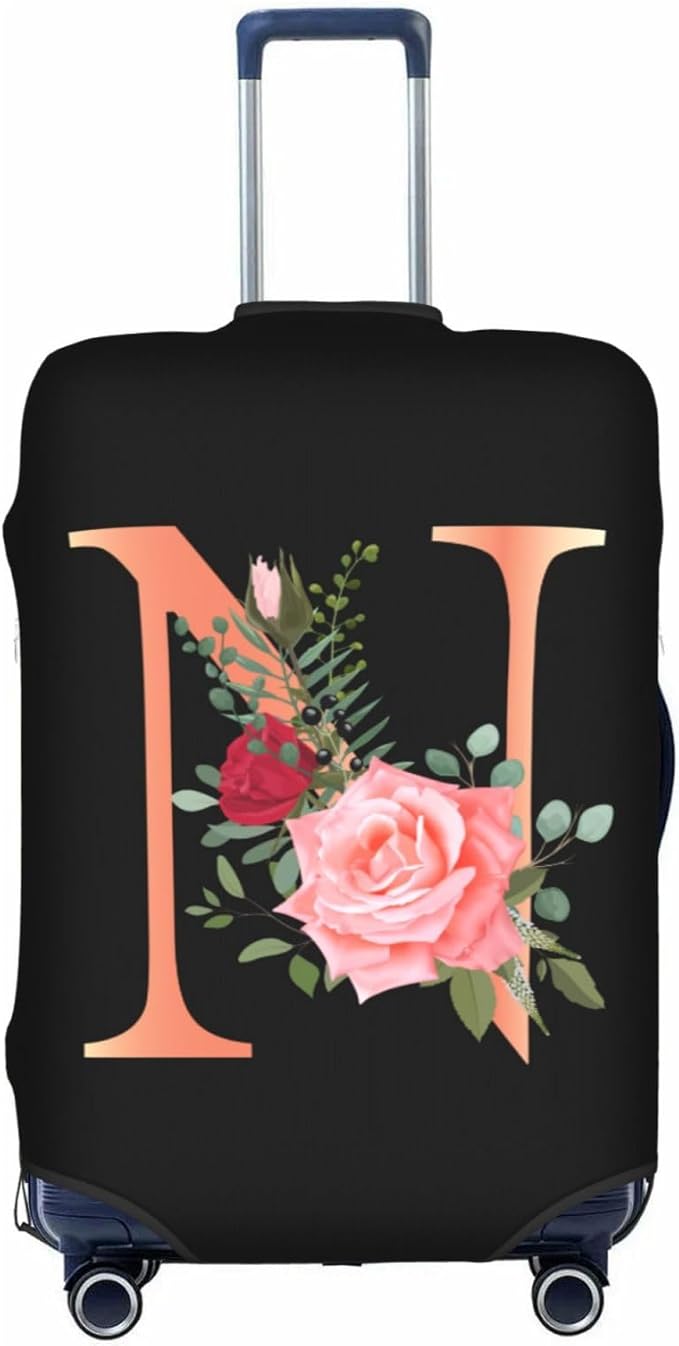 Floral Letter N Travel Luggage Cover Spandex Suitcase Protector Elastic Washable Stretch Suitcase Cover,Size L(Fit 25-28inch Suitcase)