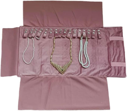 Portable Jewelry Organizers and Storage Travel Holder Necklace Roll - Pink Velvet Embroidery Foldable Case for 16 Necklaces & Chains