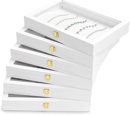 Oirlv White Jewelry Organizer Tray with Acrylic Lid Premium Leather Jewelry Box with Transparent Lid Drawer Insert Big Necklace Display Case(Flat Tray)