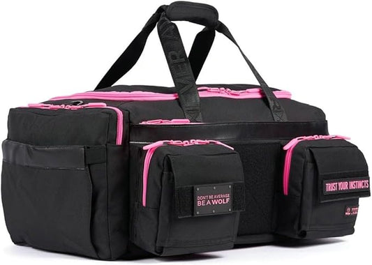 WOLFpak Ultimate 40L Gym & Travel Duffle Bag | Heavy-Duty Gear Bag w/Durable Waterproof 1000D Oxford Material | Hard Shell Base, Laptop Sleeve, Custom Patch Options | (Black Neon Pink)