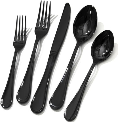 KINGSTONE 20 Piece Teardrop Silverware Set for 4, 18/10 Stainless Steel Flatware Set, Modern Design Cutlery Set for Home/Hotel/Wedding,Mirror Polished and Dishwasher Safe, Black