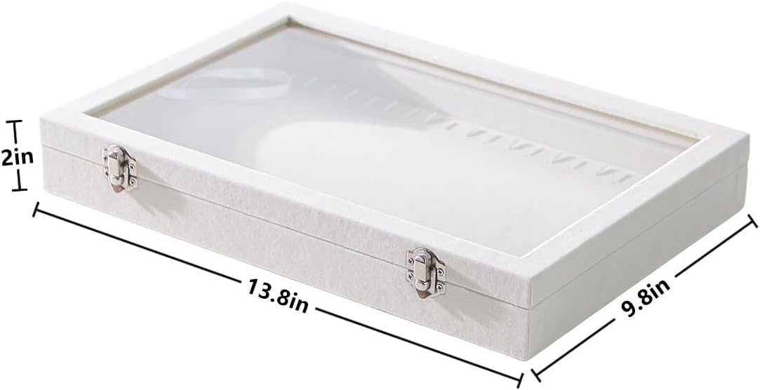 Coward 20 Hooks Necklace Organizer Jewelry Box, Dustproof Necklace Display Holder Case, Beige Velvet Necklace Display Tray Case with Transparent Glass Lid for Women Girls