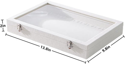 Coward 20 Hooks Necklace Organizer Jewelry Box, Dustproof Necklace Display Holder Case, Beige Velvet Necklace Display Tray Case with Transparent Glass Lid for Women Girls