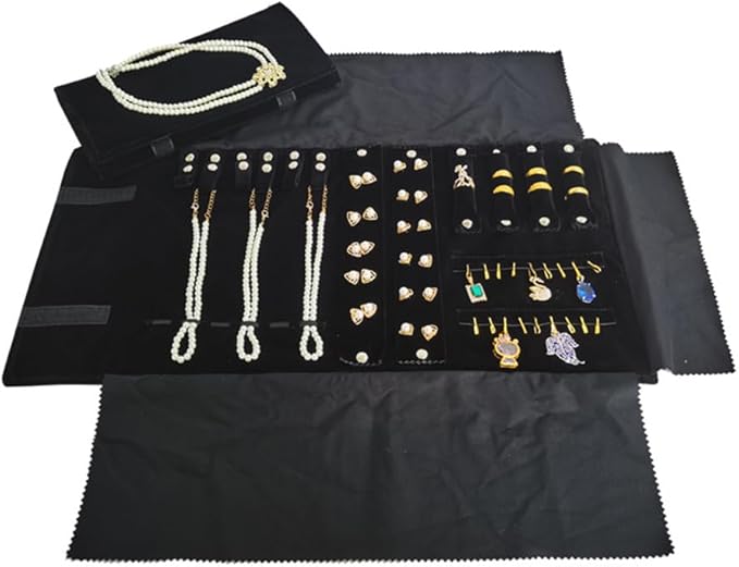 Velvet Travel Jewelry Case Roll Bag Organizer for Necklace Bracelet Earrings Ring (Black) (Black（6+2+4+2)