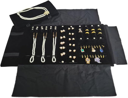 Velvet Travel Jewelry Case Roll Bag Organizer for Necklace Bracelet Earrings Ring (Black) (Black（6+2+4+2)