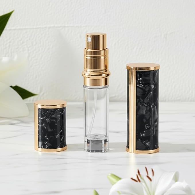 Ms Lovely Pearlescent Travel Perfume Atomizer Bottle – 5ml Refillable Mini Spray for Purse, TSA Approved Portable Fragrance Dispenser (Black with Gold)