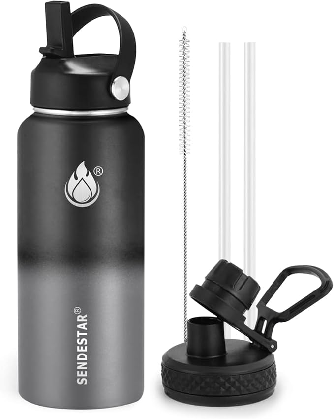 Insulated Water Bottle 32 oz with Straw, Stainless Steel Wide Mouth Water Bottle, Double Wall Vacuum Leak Proof with Straw Lid & Spout Lid for Sports or Office, Keep Cold or Hot Up to 24 Hrs