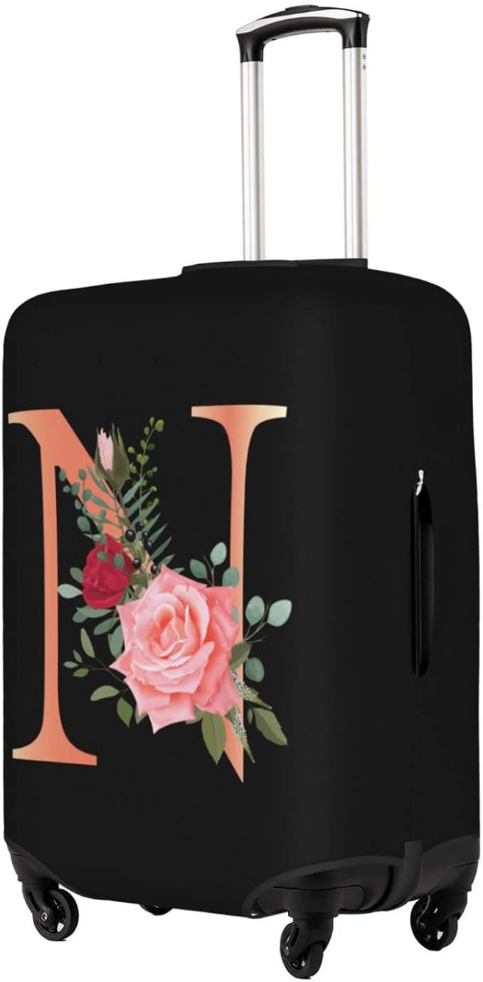 Floral Letter N Travel Luggage Cover Spandex Suitcase Protector Elastic Washable Stretch Suitcase Cover,Size L(Fit 25-28inch Suitcase)