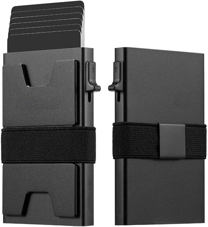 Jenoss Smart Pop Up Wallet for Men: Aluminum Card Holder Wallet, Slide Pop Up Case, Slim Metal RFID Blocking Credit Card Holder, Minimalist Compact 12+ Cards Slot Organizers ID Money Clip (Black)