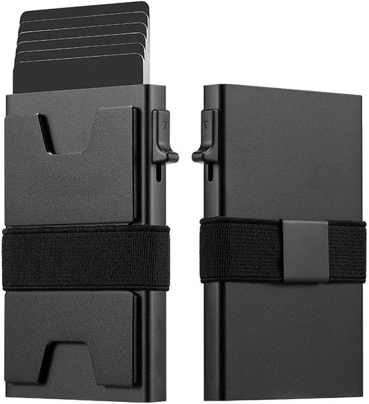 Jenoss Smart Pop Up Wallet for Men: Aluminum Card Holder Wallet, Slide Pop Up Case, Slim Metal RFID Blocking Credit Card Holder, Minimalist Compact 12+ Cards Slot Organizers ID Money Clip (Black)