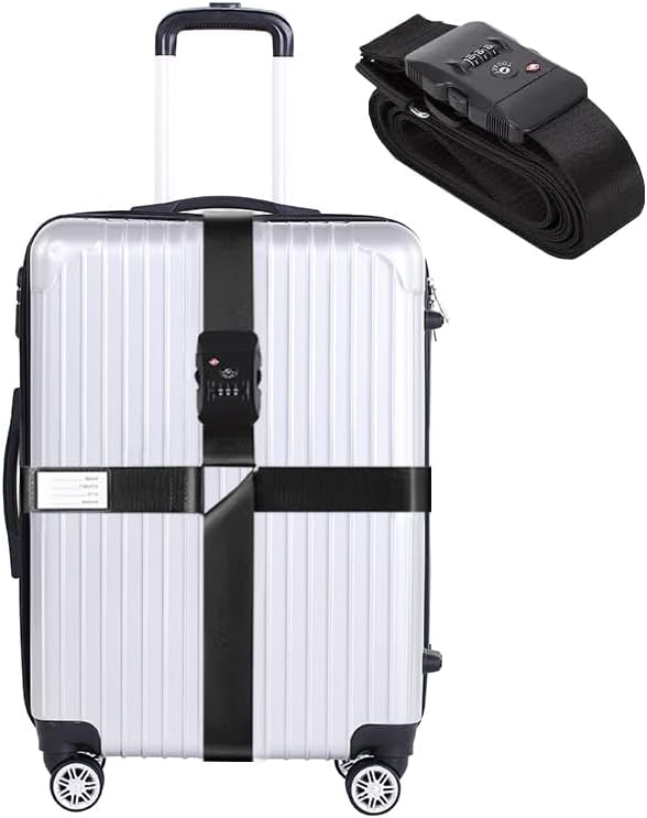 Luggage Straps for Suitcases TSA Approved Heavy Duty Adjustable Travel Belt Cross Suitcase Belts Luggage Tags with Name ID Card Travel Accessories Fit for 20-32 Inch Suitcase (Black)